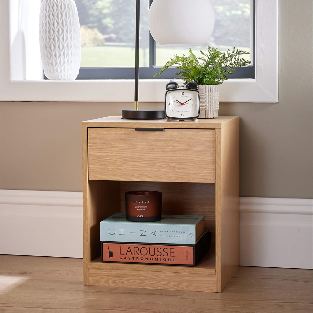 Home Source Phoenix Single Drawer Single Shelf Oak Bedside Table Image 5
