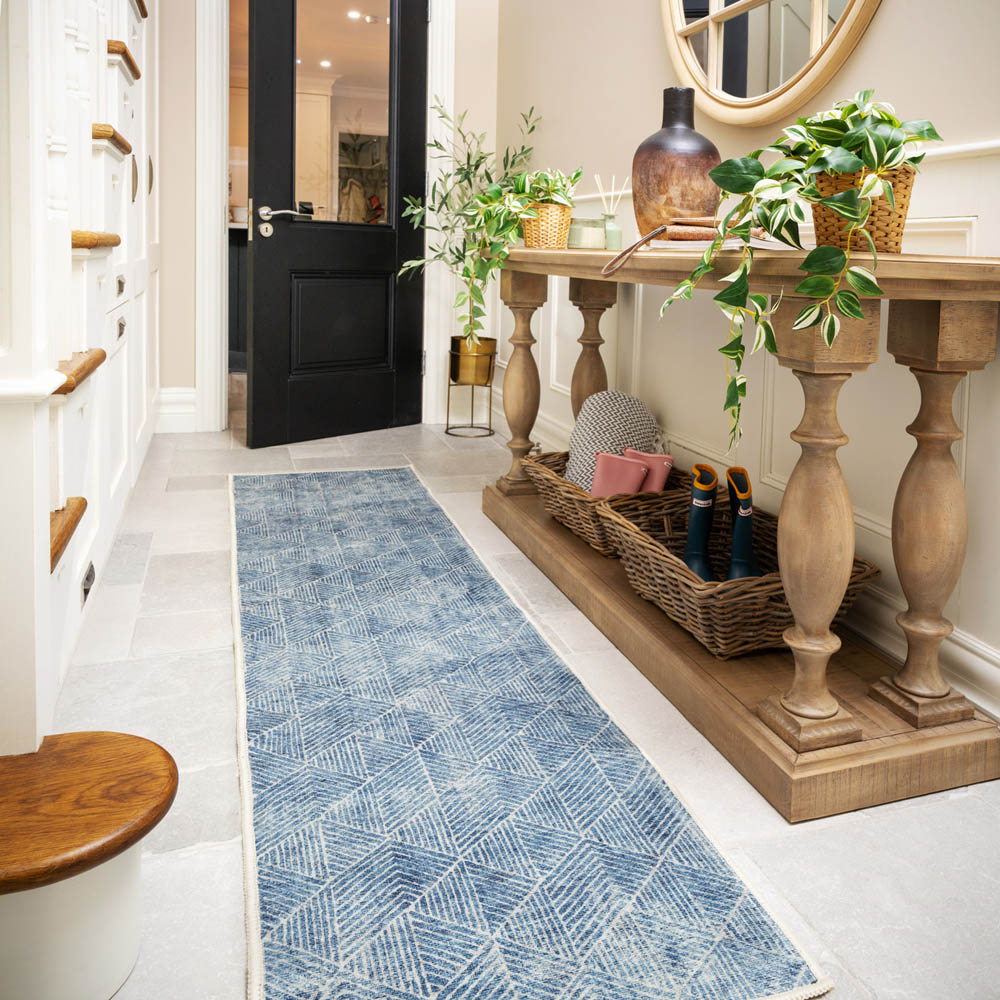 Kukoon Denim Blue Geometric Distressed Rug 80 x 300cm Image 2