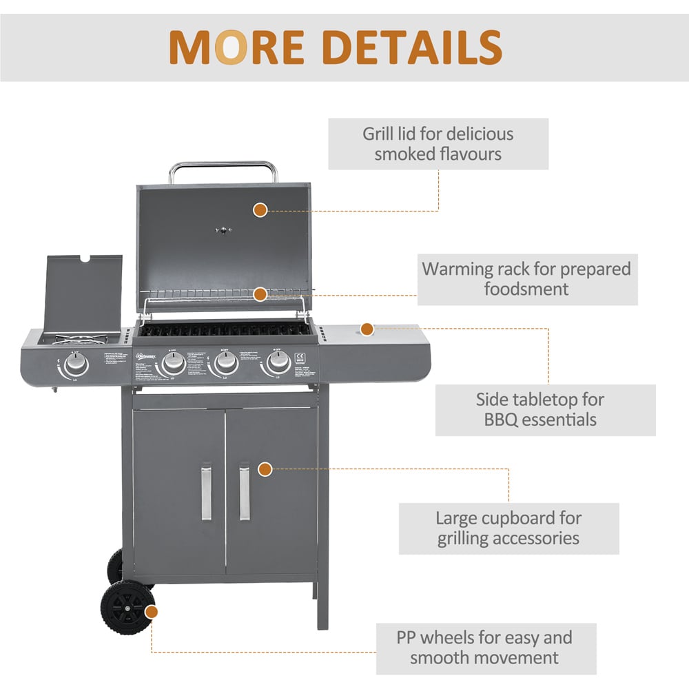 Outsunny Grey 3+1 Burner Gas Barbecue Grill Image 7
