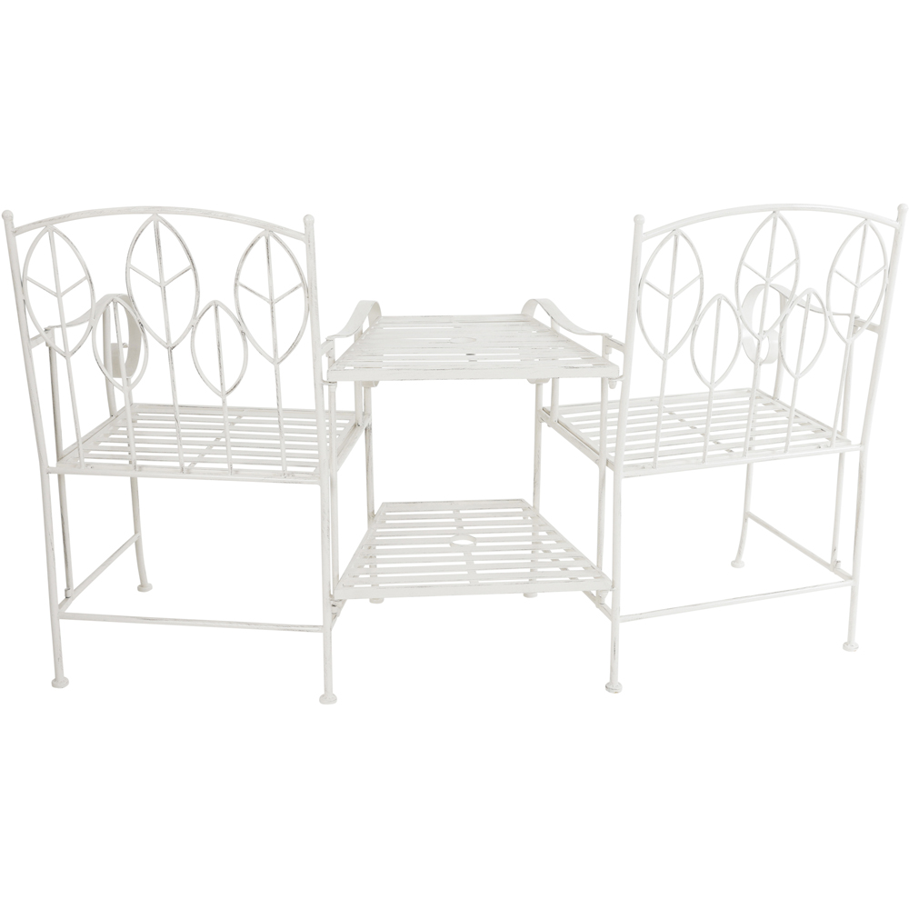 Charles Bentley 2 Seater Antique White Rustic Metal Leaf Pattern Garden Companion Seat Image 4