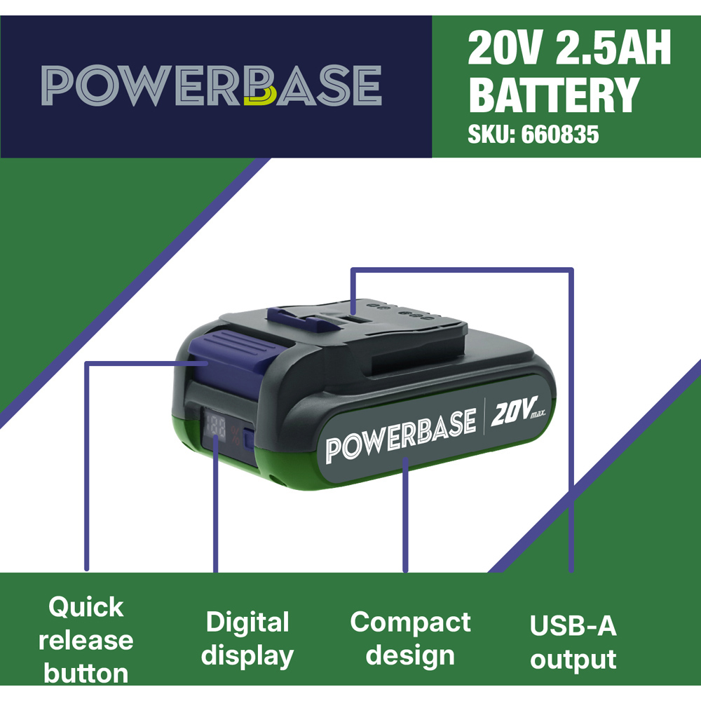 Powerbase 20V 2.5Ah Lithium-Ion Battery with USB-A Output Image 2