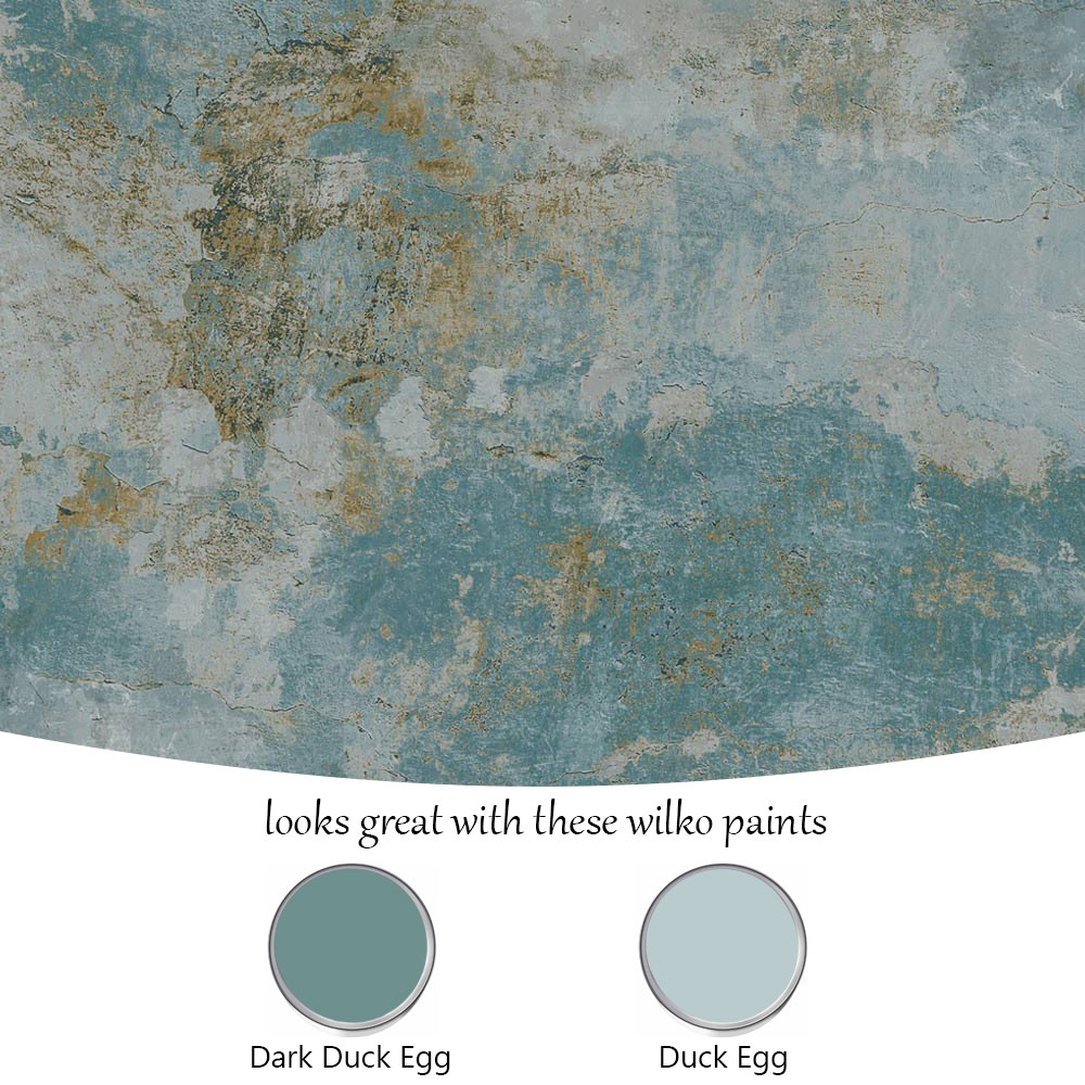 Grandeco Rustic Old Town Plaster Distressed Concrete Teal Textured Wallpaper Image 4