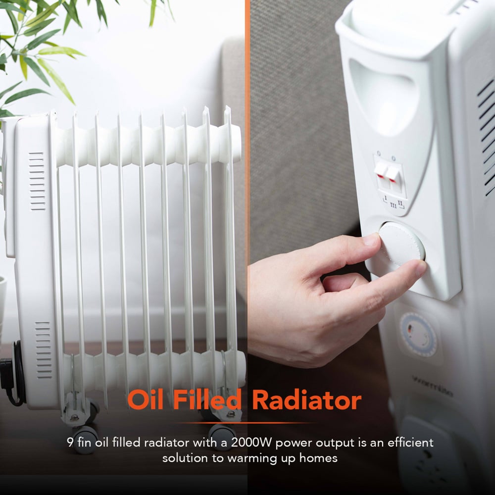 Warmlite 9 Fin White Oil Filled Radiator with Adjustable Thermostat 2000W Image 3