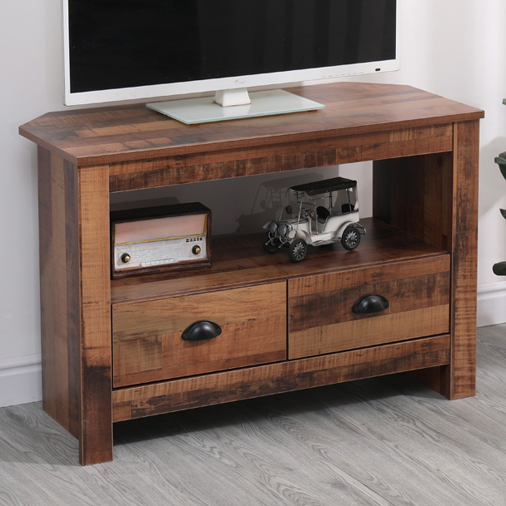 FurnitureHMD 2 Drawer Single Shelf Industrial Style Wooden Corner TV Unit Image 1
