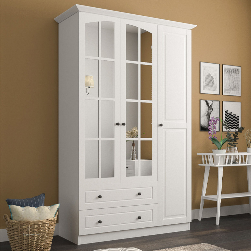 Evu MAISON 3 Door 2 Drawer White Mirror Wardrobe Image 1