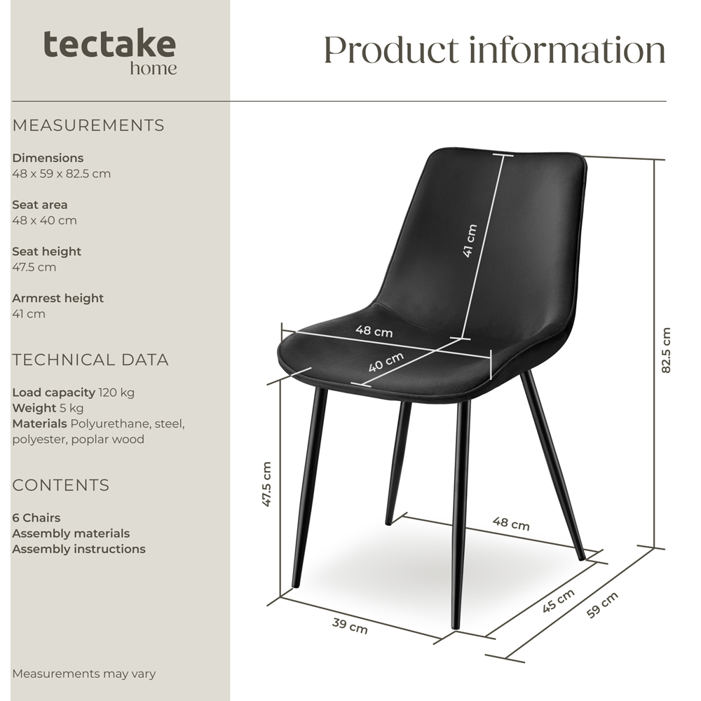 tectake Monroe Set of 6 Black Velvet Dining Chair Image 9