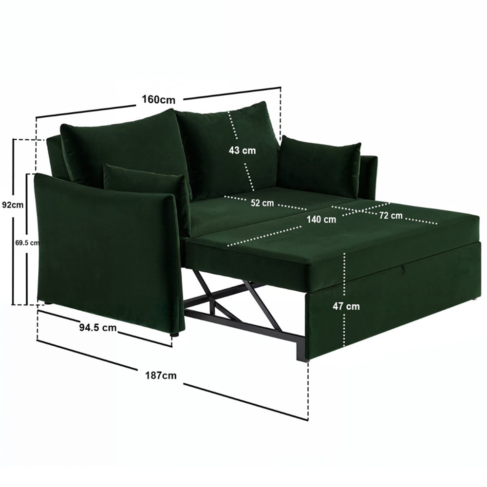 Solace+Co Skyler 2 Seater Bottle Green Velvet Sofa Bed Image 9