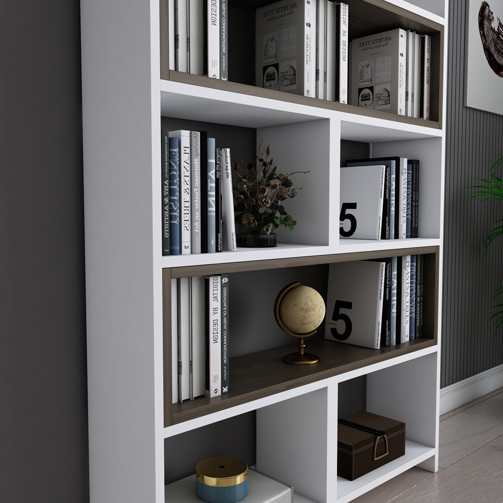 Decorotika Poyraz 8 Shelf White and Walnut Bookshelf Image 8