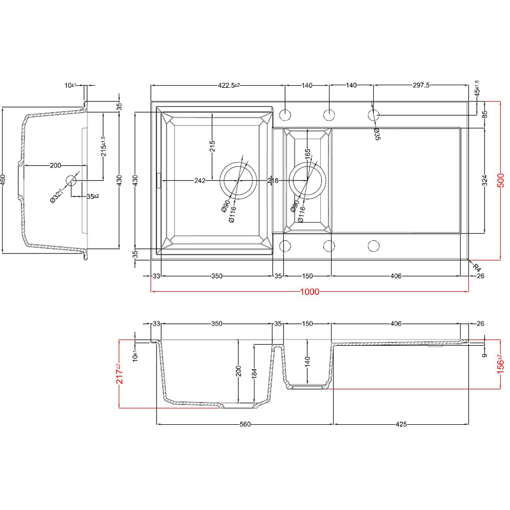 Reginox Easy 475 B black 1.5 Bowl Granite Sink 1000 x 500mm Image 3