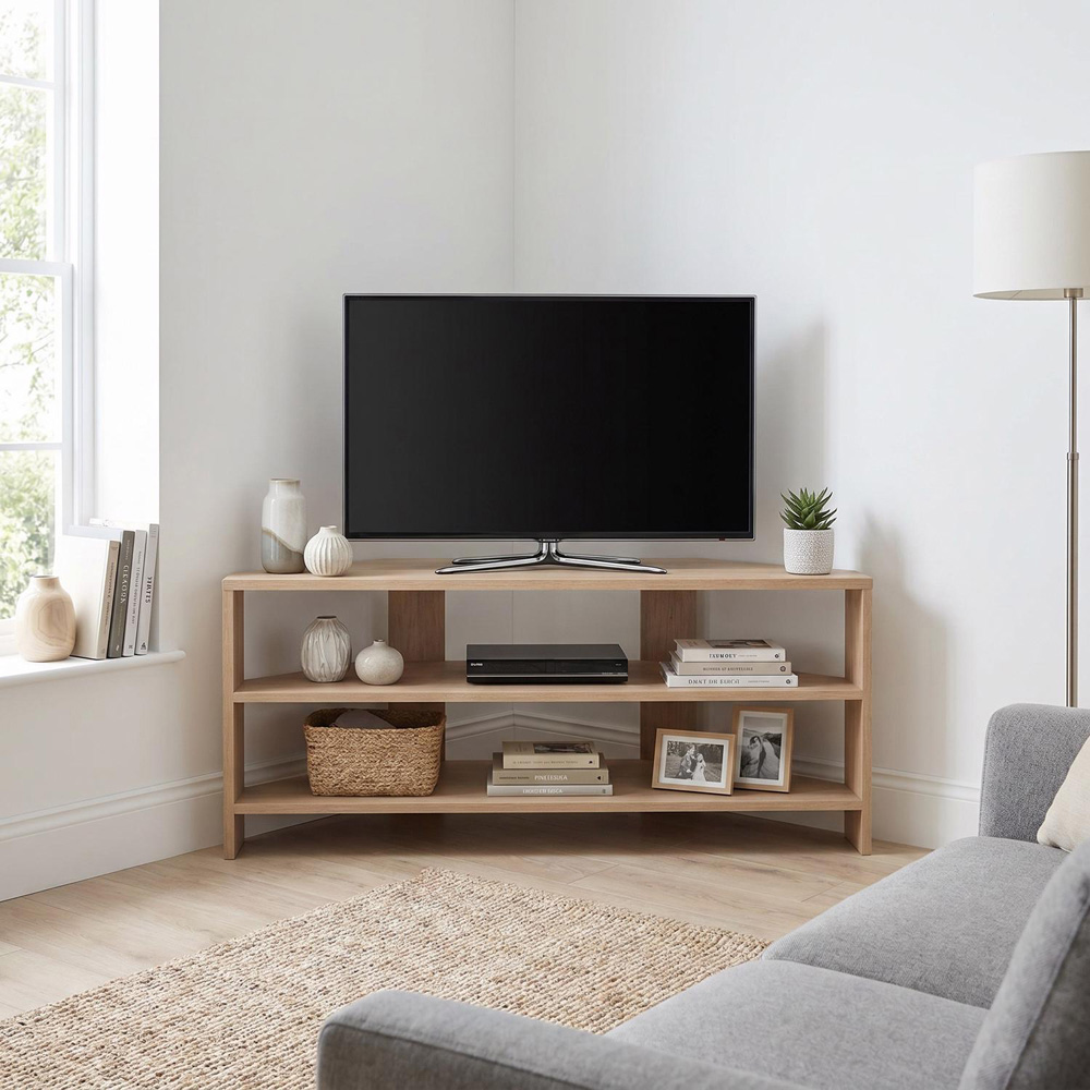FWStyle Promo 2 Shelf Oak Corner TV Unit Image 3