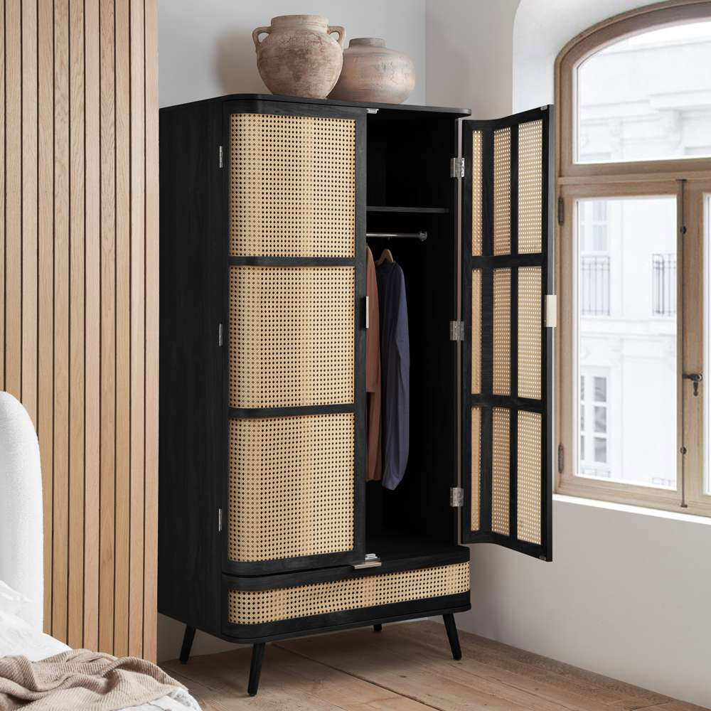 Birlea Noah 2 Door Single Drawer Black Rattan Wardrobe Image 8