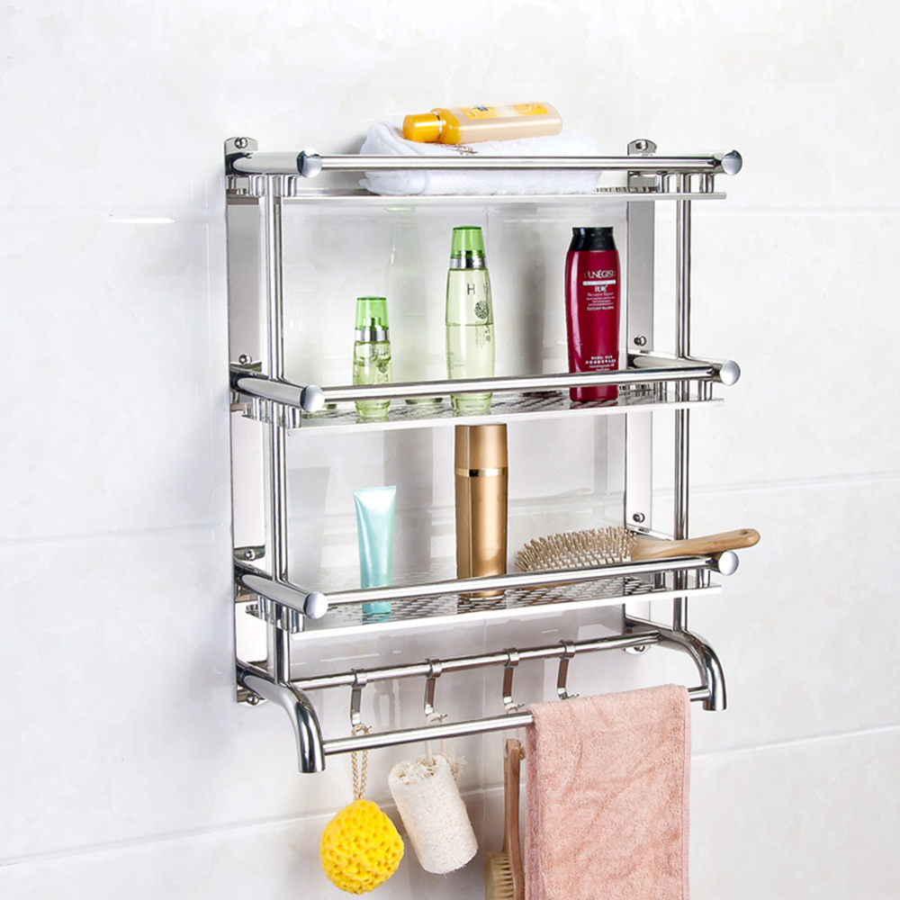 Living and Home 3-Tier Silver Stainless Steel Wall Mounted Bathroom Towel Rail with Shelf and Hooks Image 4