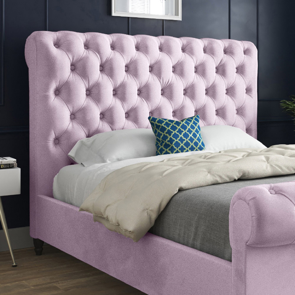 Sienna Small Double Pink Soft Velvet Upholstered Sleigh Bed Frame with Scrolled Headboard Image 3