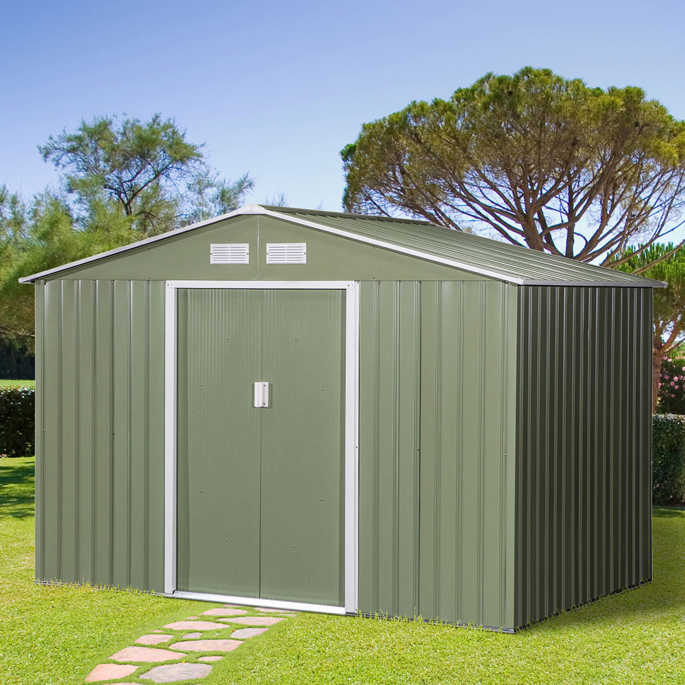 Outsunny 9 x 6ft Light Green Corrugated Steel Apex Garden Shed Image 2