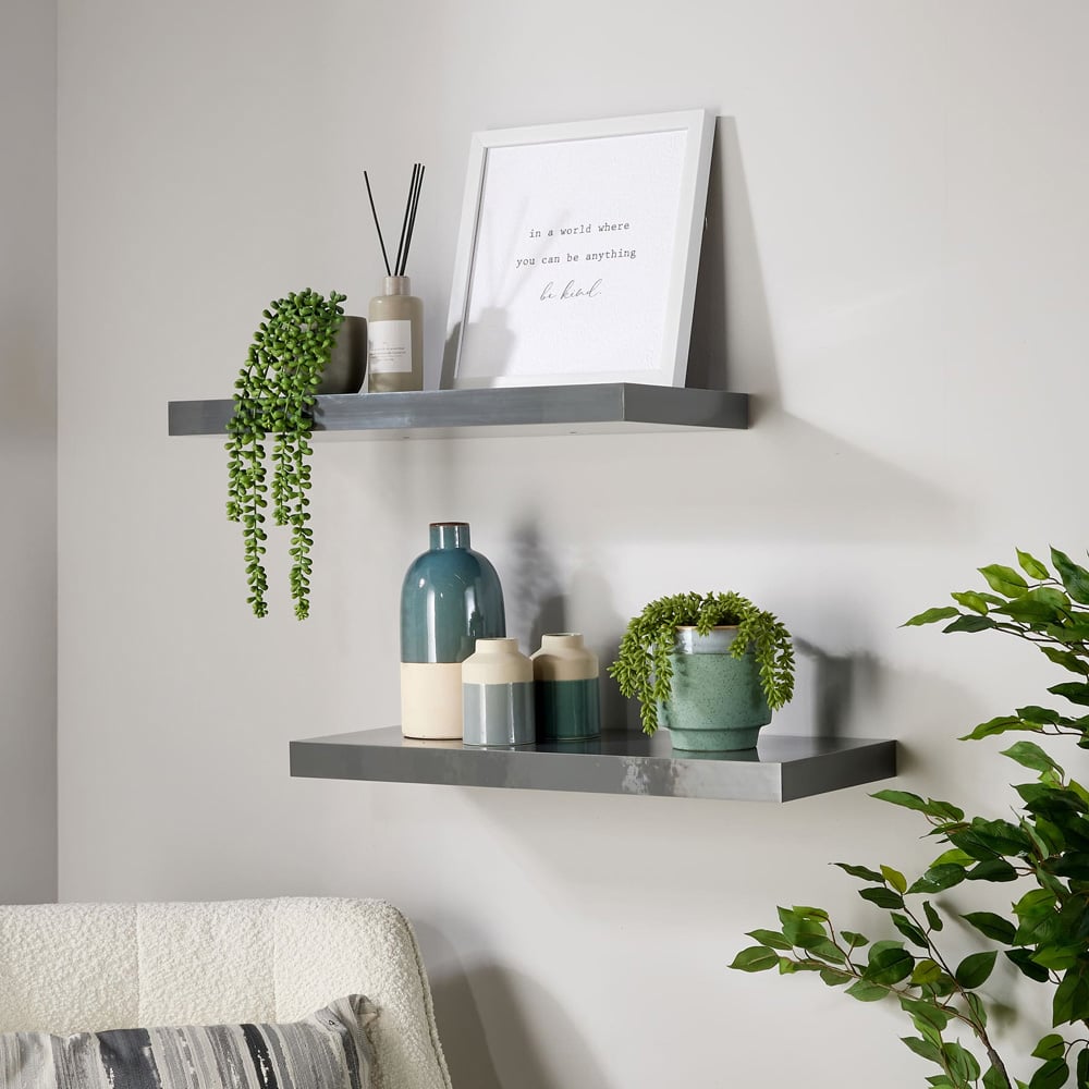Home Source Cloud 60cm Set of 2 Grey Gloss Floating Shelf Image 2