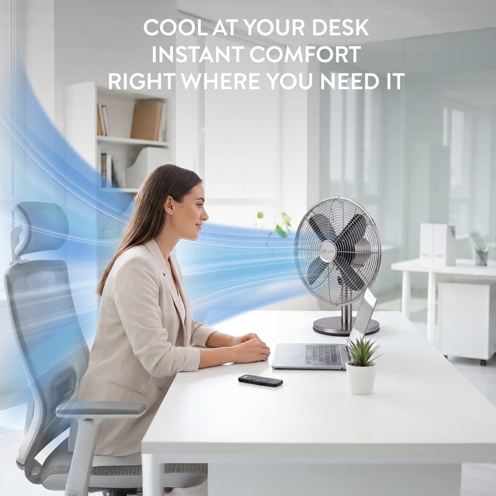 Air Pro Grey Brushed Portable Oscillating Metal Table Fan 12 inch Image 3