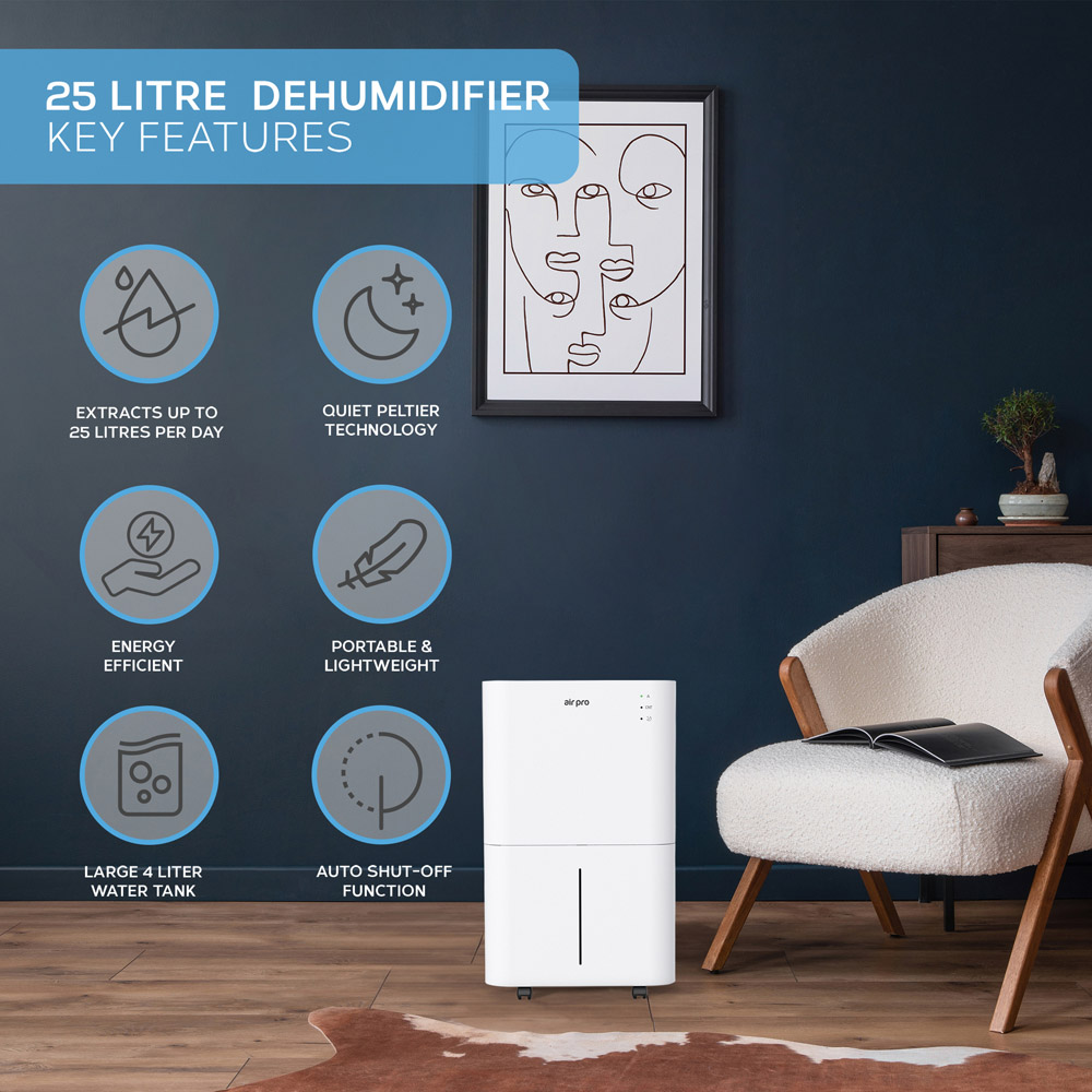Air Pro White Portable Whisper-Quiet Peltier Technology Wi-Fi Dehumidifier with Remote 25L Image 2