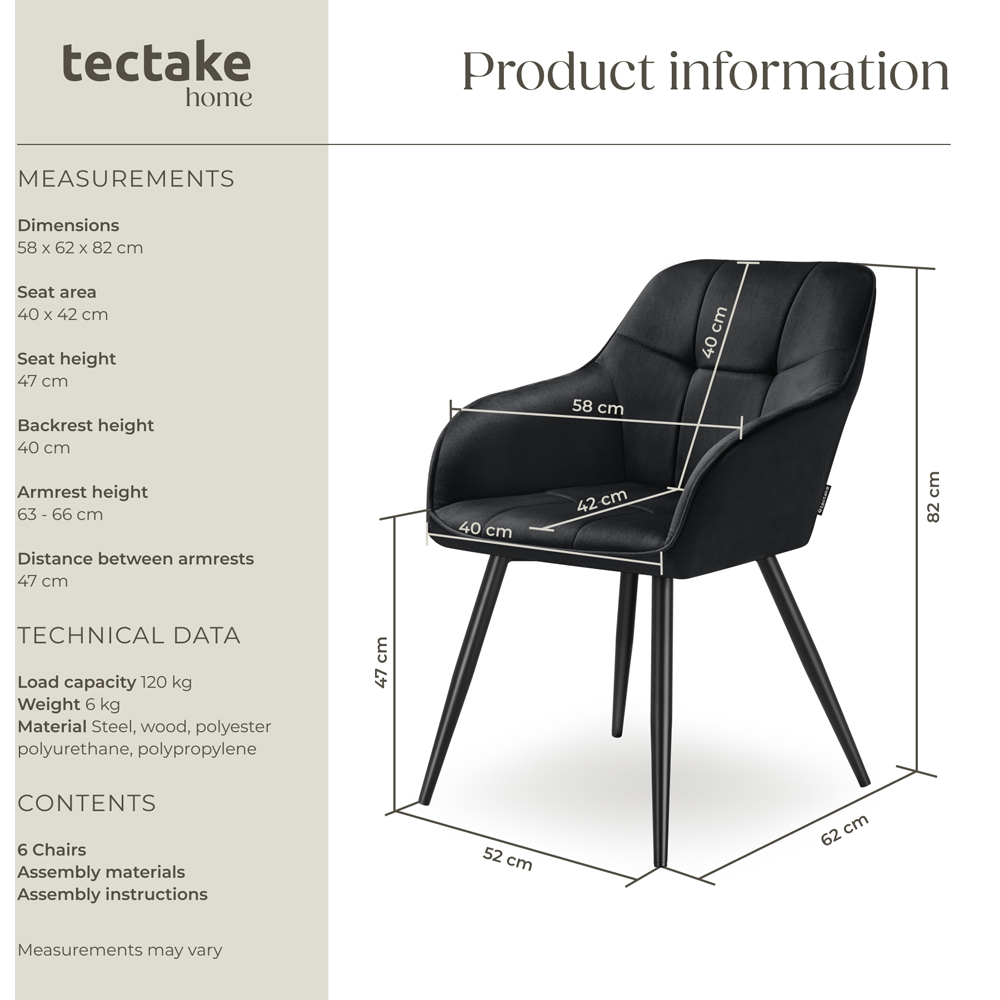 tectake Marilyn Set of 6 Black Quilted Velvet Dining Chair Image 9