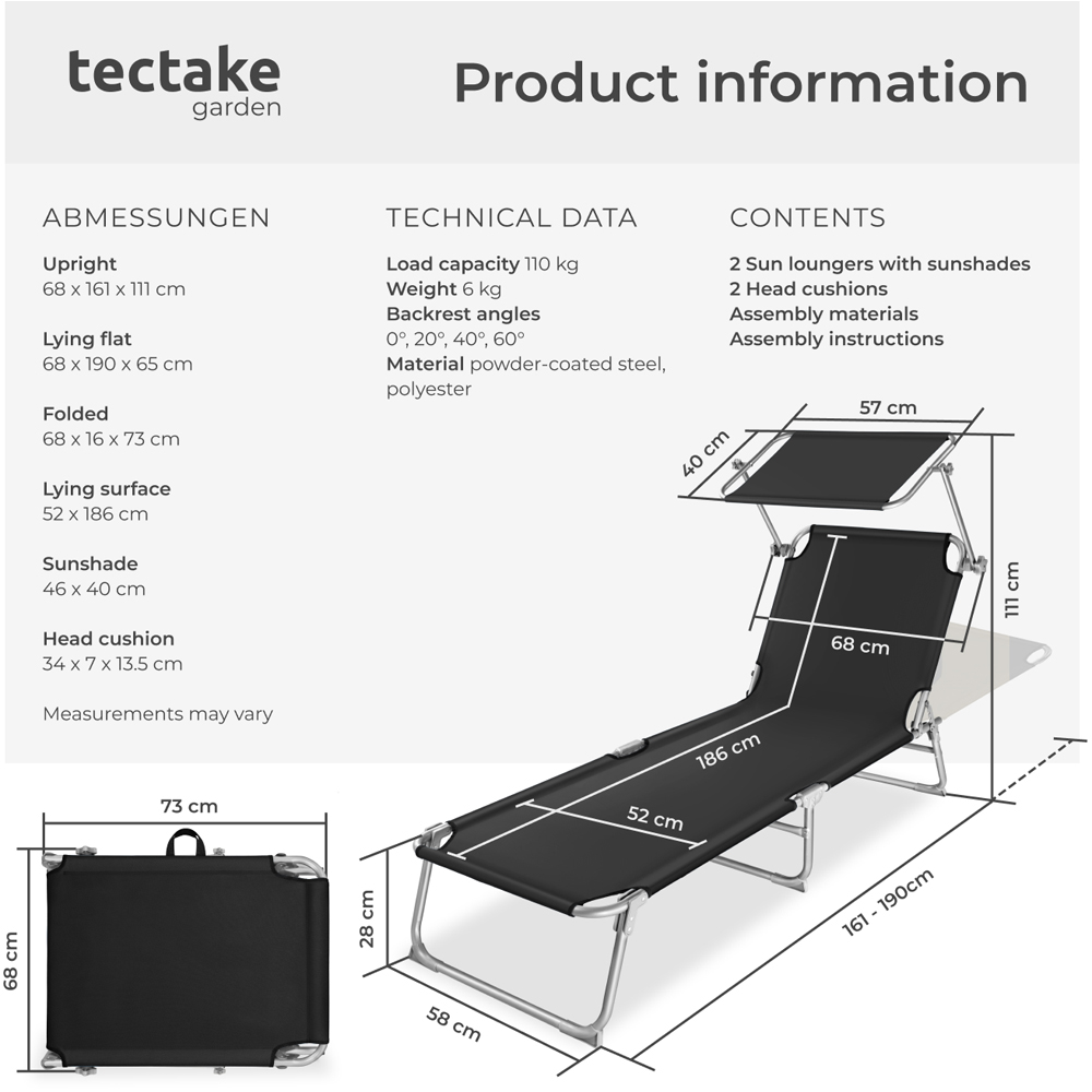 tectake Chloé Set of 2 Black 4 Step Backrest Sun Lounger with Head Cushion Image 9