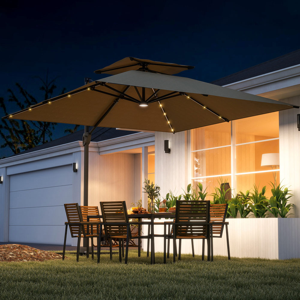 Outsunny 2 Tier Khaki Aluminium Solar LED Crank and Tilt Cantilever Parasol 3.5m Image 2
