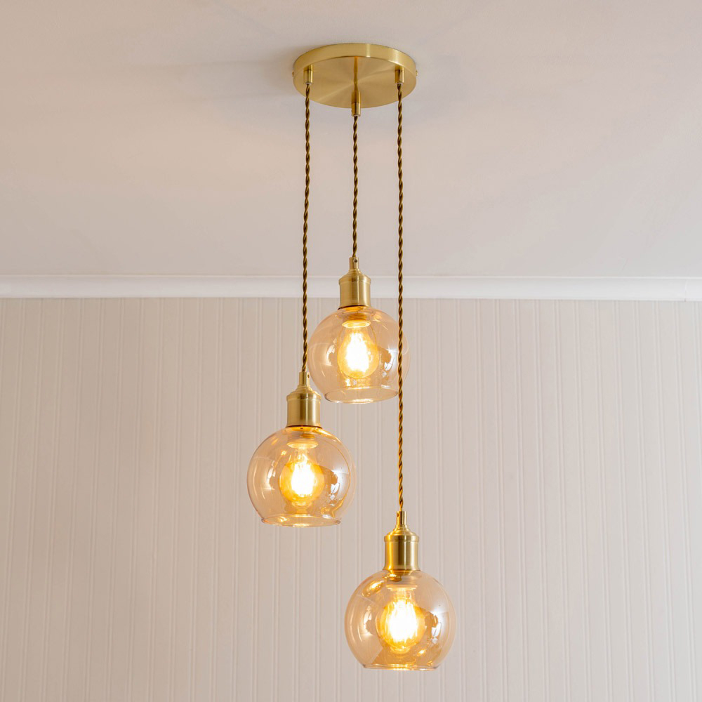 ValueLights Bellamy 3 Drop Amber Glass Globe Cluster Gold LED Ceiling Pendant Light Image 2