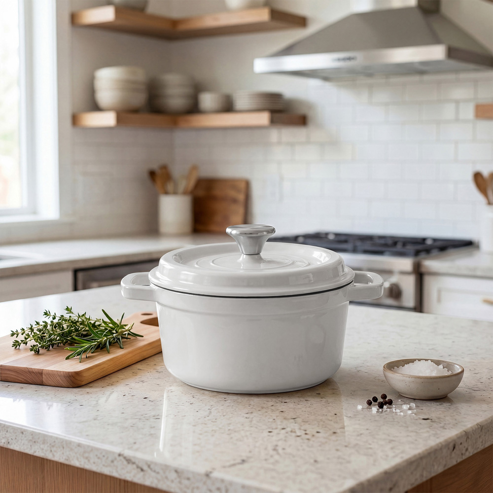 Living and Home 2L Beige White Enamelled Cast Iron Dutch Oven Image 2