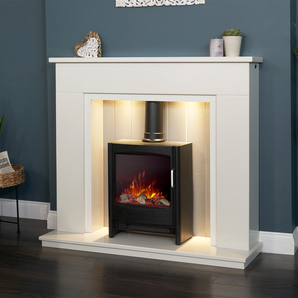 Acantha Larissa White and Grey Fireplace Suite and Black Keston Electric Stove 48 Inch Image 2