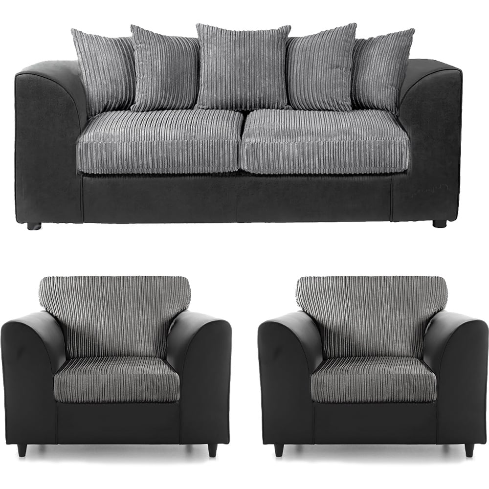 Luxor 5 Seater Black and Grey Jumbo Cord Scatter Back Sofa Suite Image 2