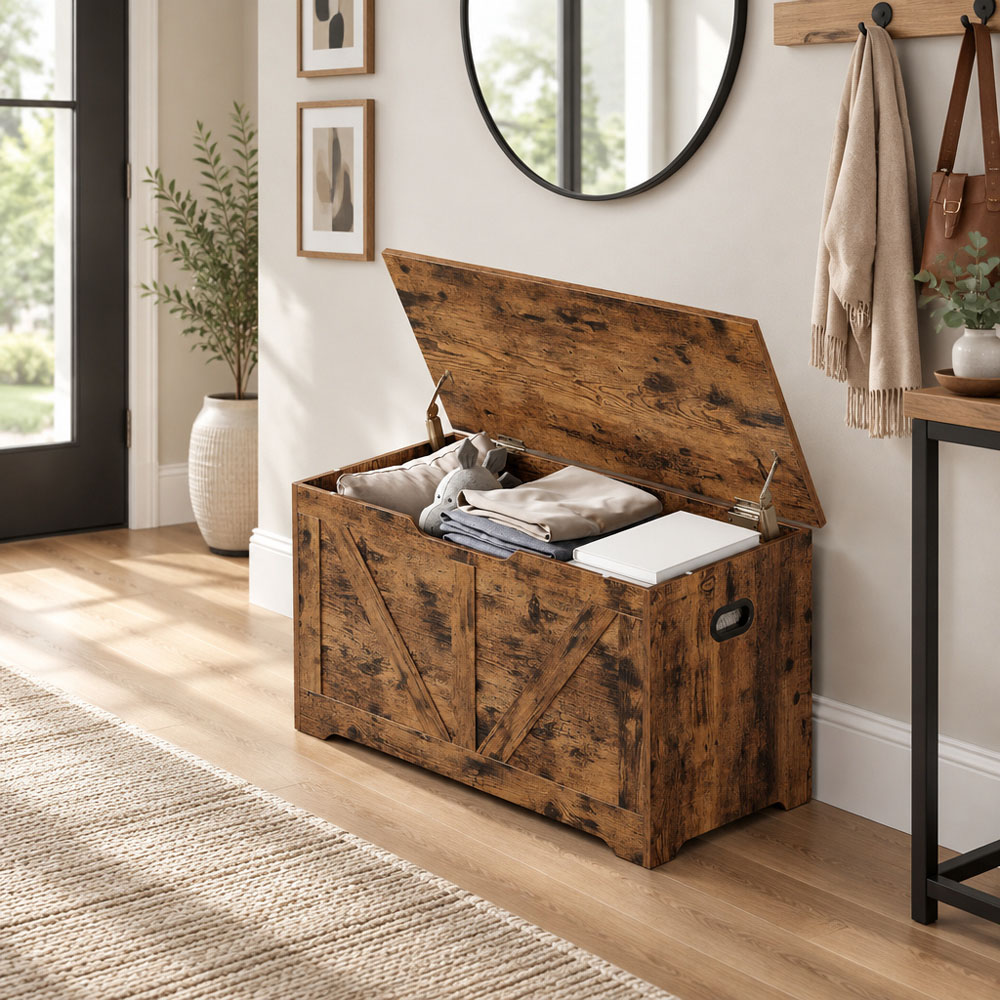 Modcraft Rustic Brown Farmhouse-Style Storage Bench with Lid Image 4