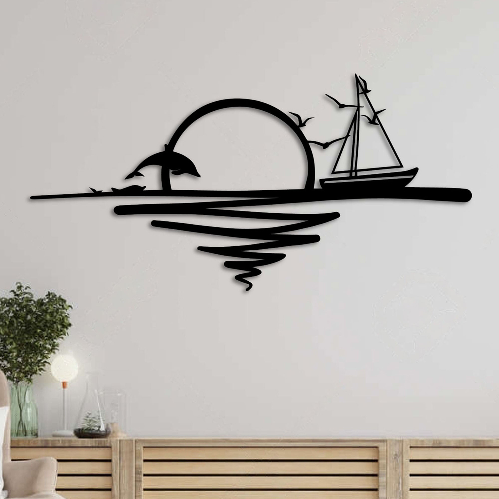 Decortie Sunrise and Sailing Boat Textured Black Large Metal Wall Art Image 3