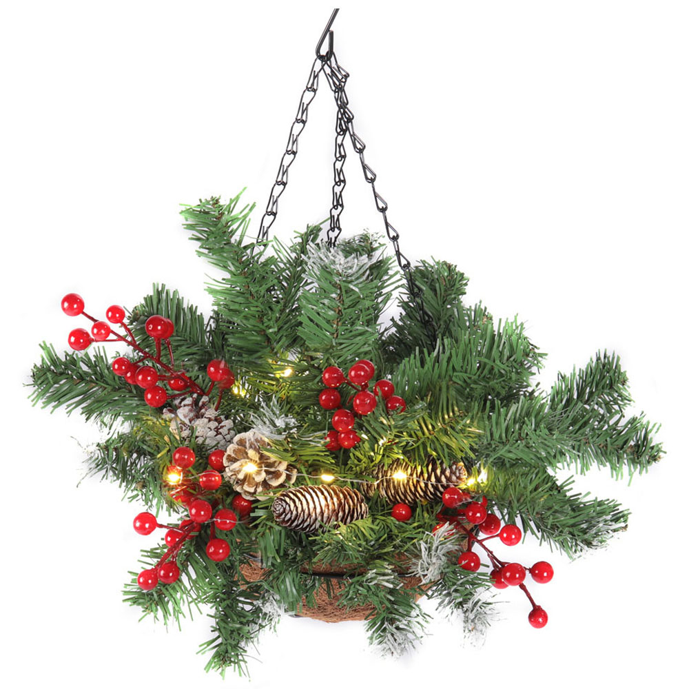 Living and Home Pre-Lit Green Christmas Hanging Basket Image 2