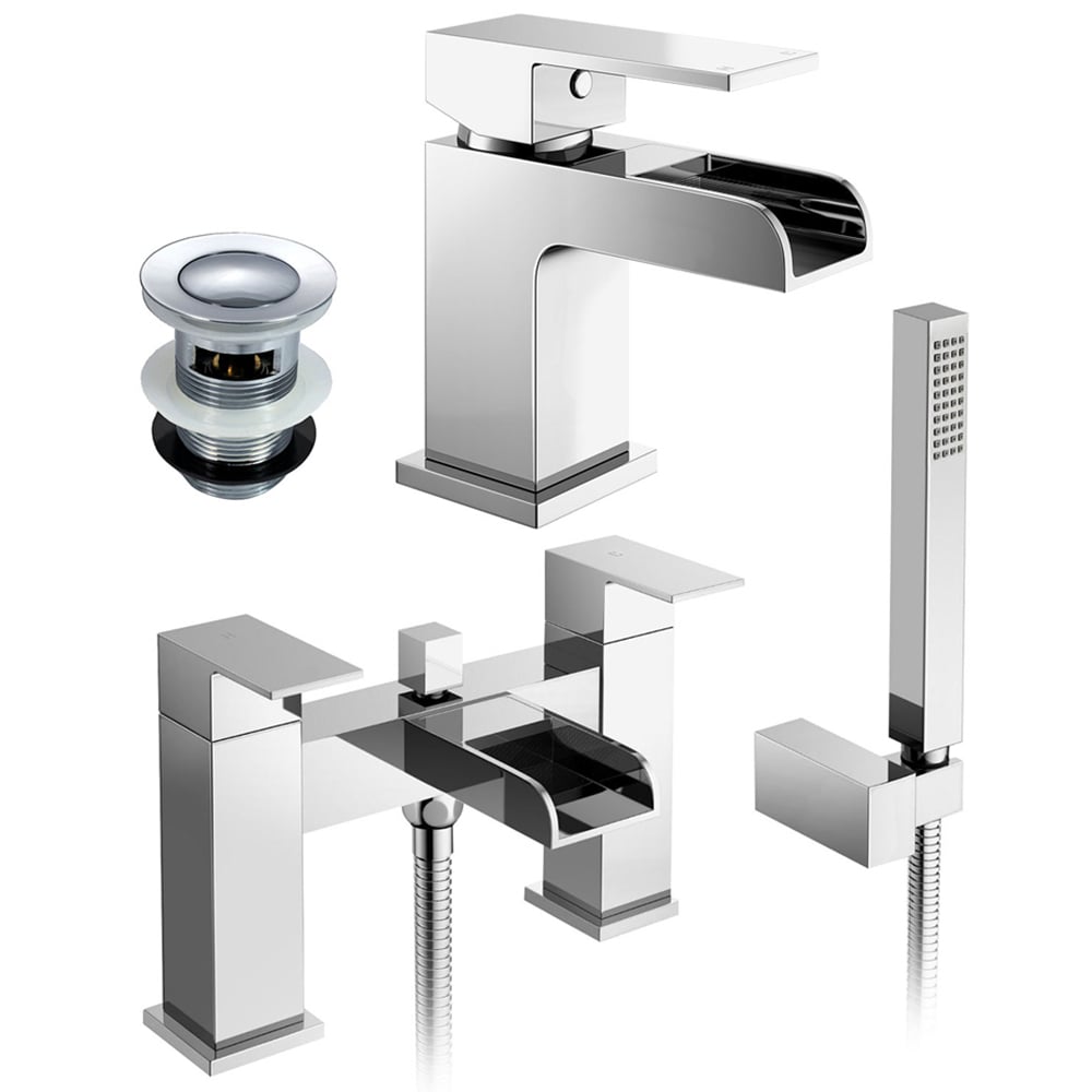 Nes Home Waterfall Chrome Bath Shower Mixer and Cloakroom Tap with Waste Image 1