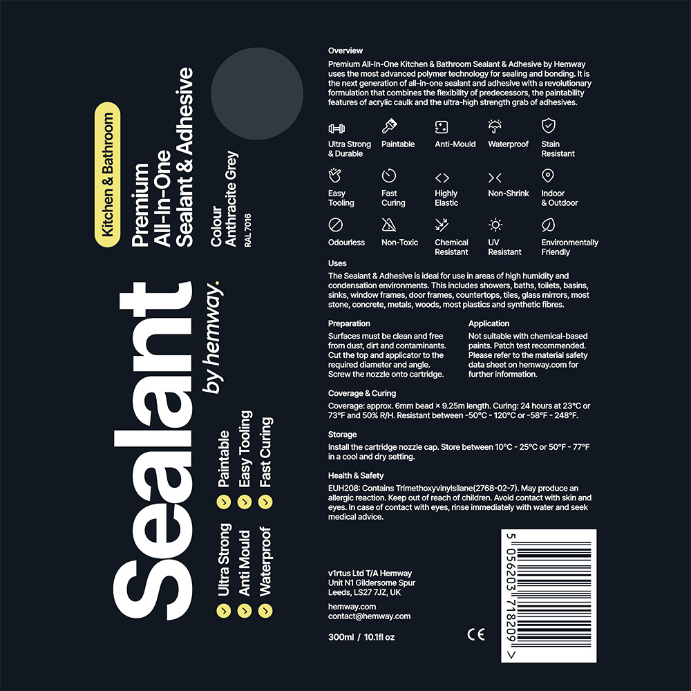 Hemway Premium All-in-One Anthracite Grey Sealant and Adhesive 300ml 9 Pack Image 8
