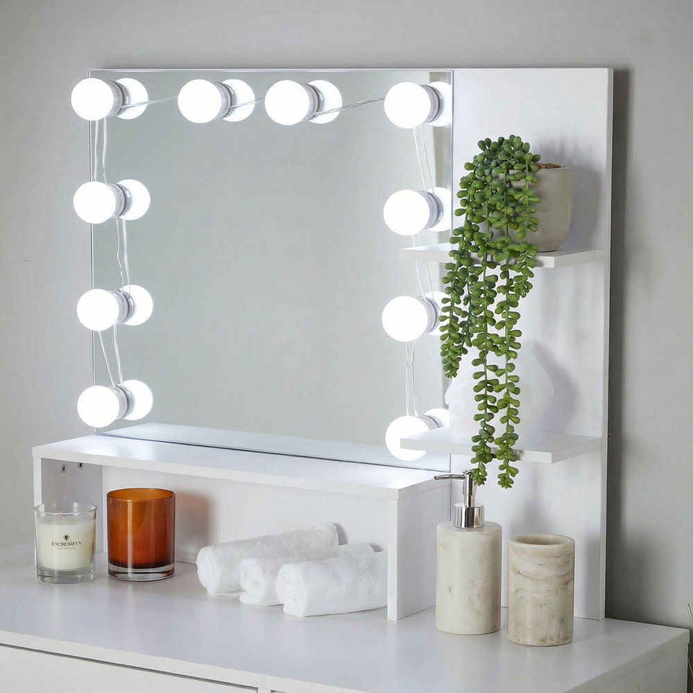 Home Source Sophie Single Door Single Drawer White Hollywood Dressing Table Set with LED Mirror Image 4