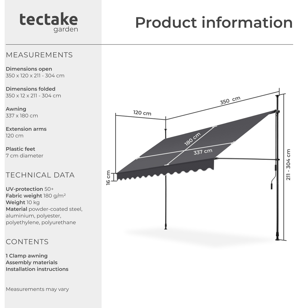 tectake Black and Grey Retractable Awning 3.5 x 1.8m Image 8