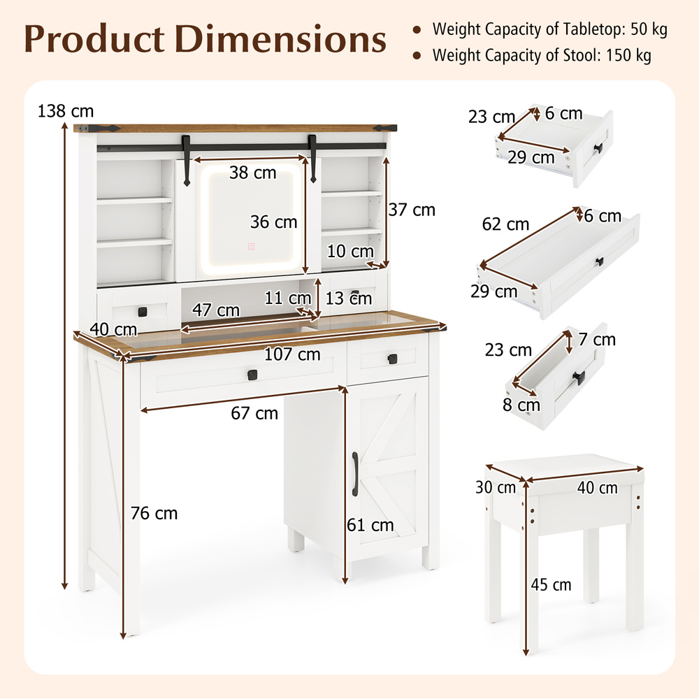 Costway White Vanity Desk and Stool Set with Sliding Mirror Image 9