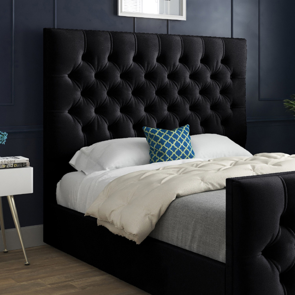 Novara Black Double Velvet Upholstered Bed Frame with Pleated Chesterfield Headboard Image 3