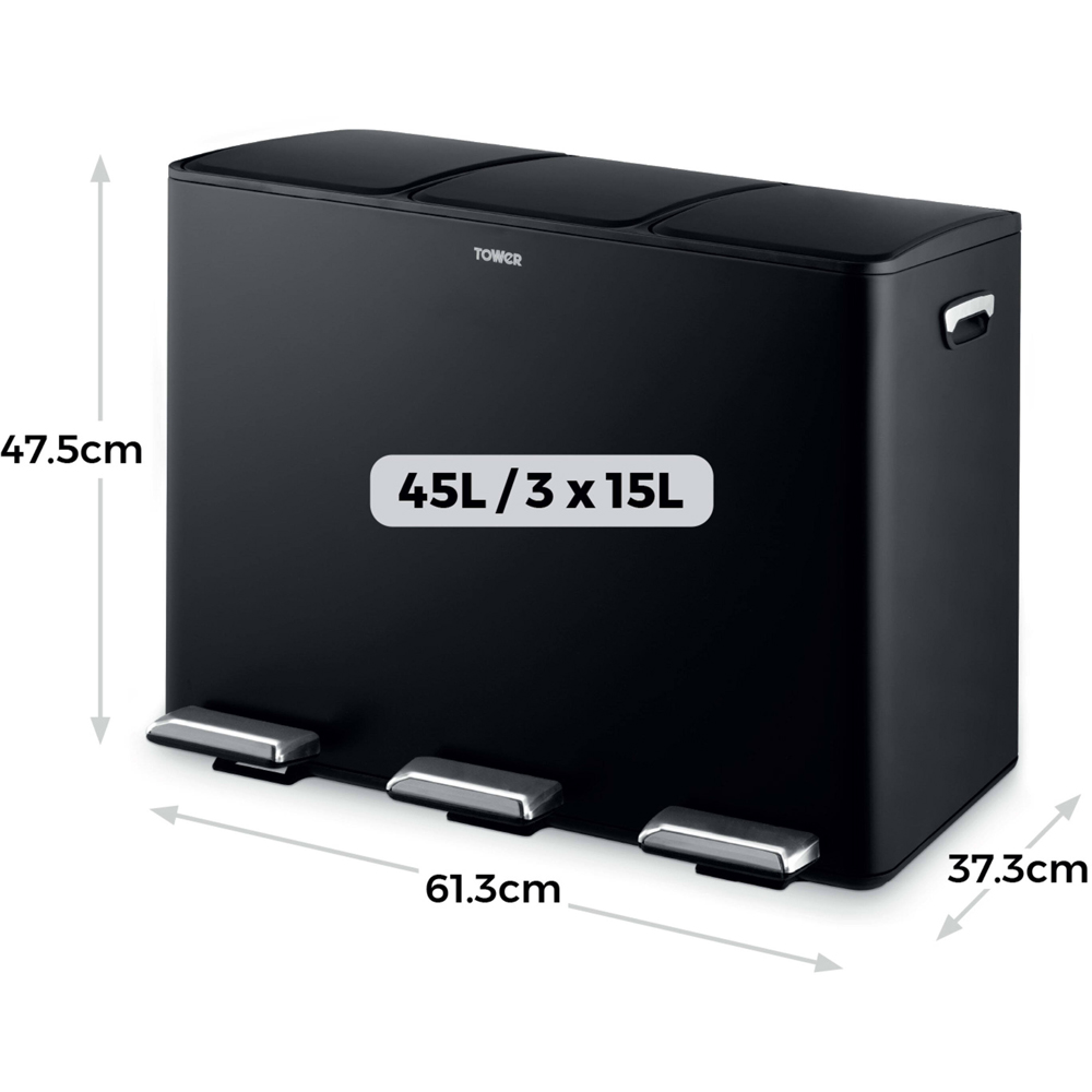 Tower Triple Recycling Black Pedal Bin 45L Image 8