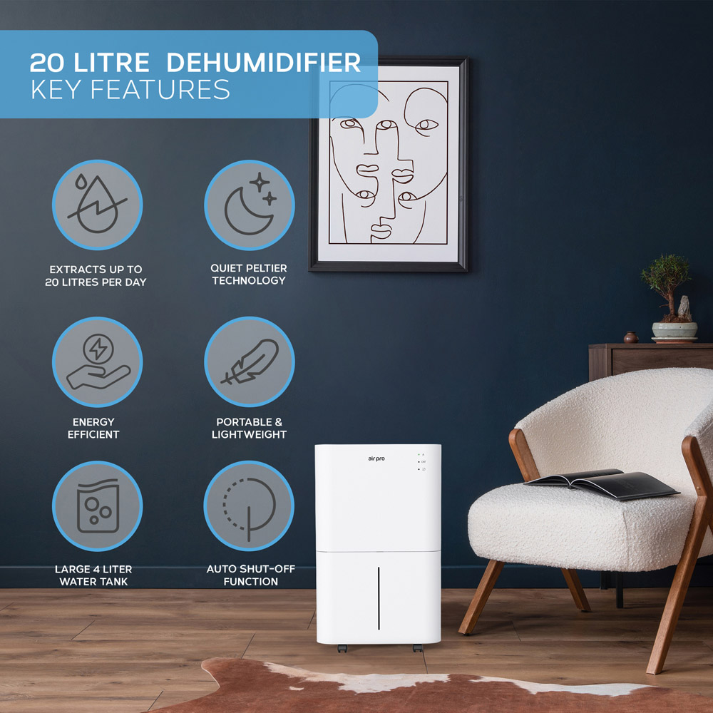 Air Pro White Portable Whisper-Quiet Peltier Technology Wi-Fi Dehumidifier with Remote 20L Image 2
