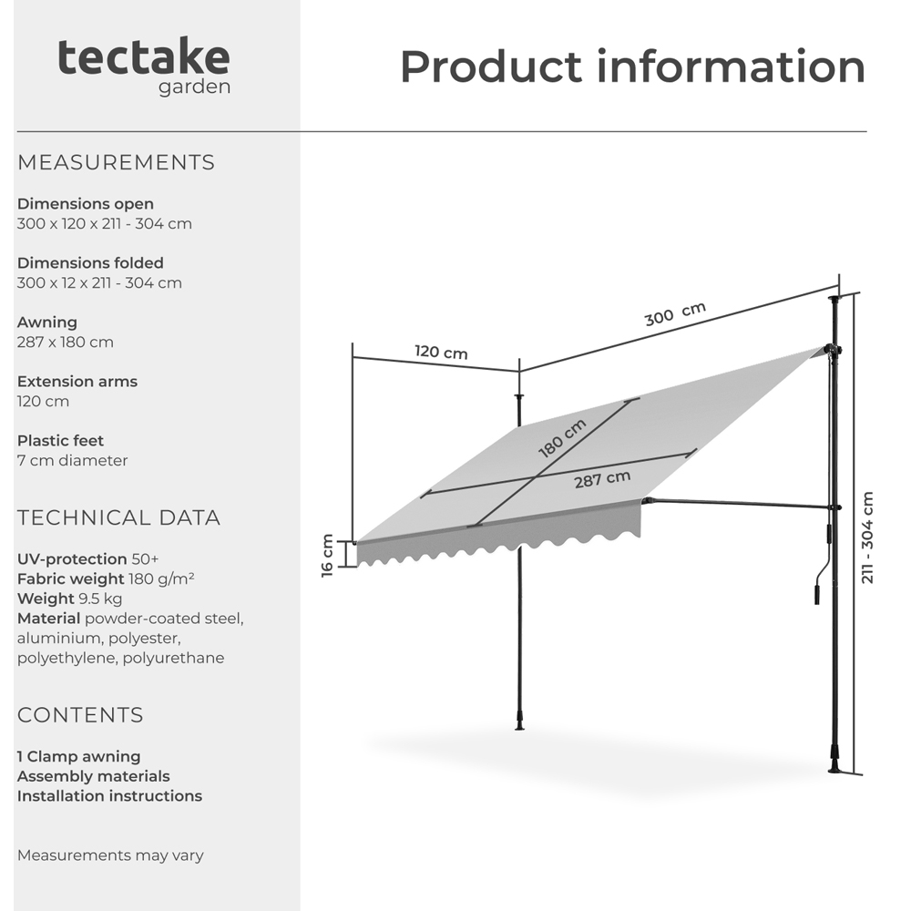 tectake Light Grey Retractable Awning 3 x 1.8m Image 8