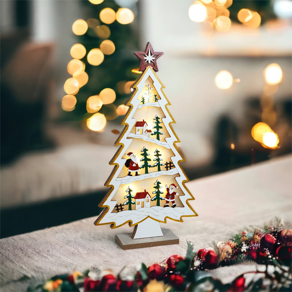 Xmas Haus Multicolour LED Light-Up Wooden Christmas Village Tree Scene Image 3