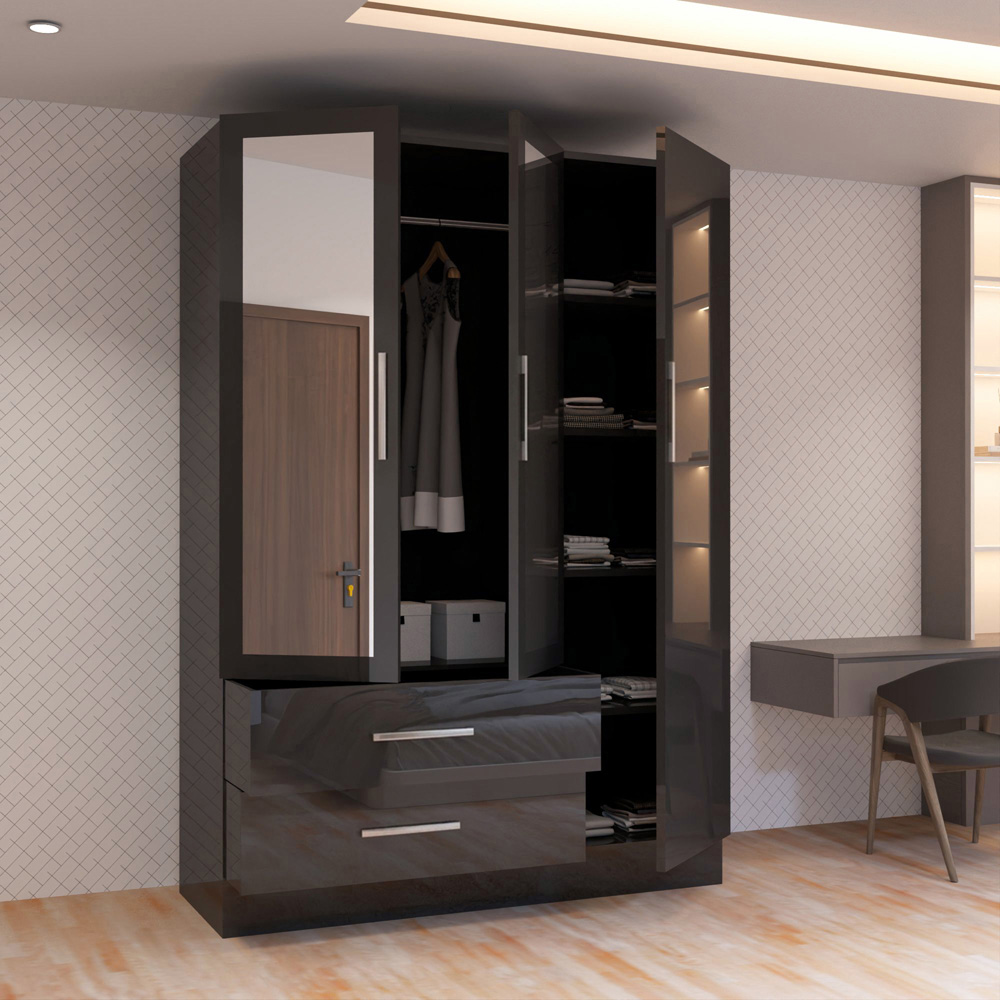 Sliding Wardrobes 4U 3 Door 2 Drawer Black High Gloss Hinge Door Wardrobe 120cm Image 3