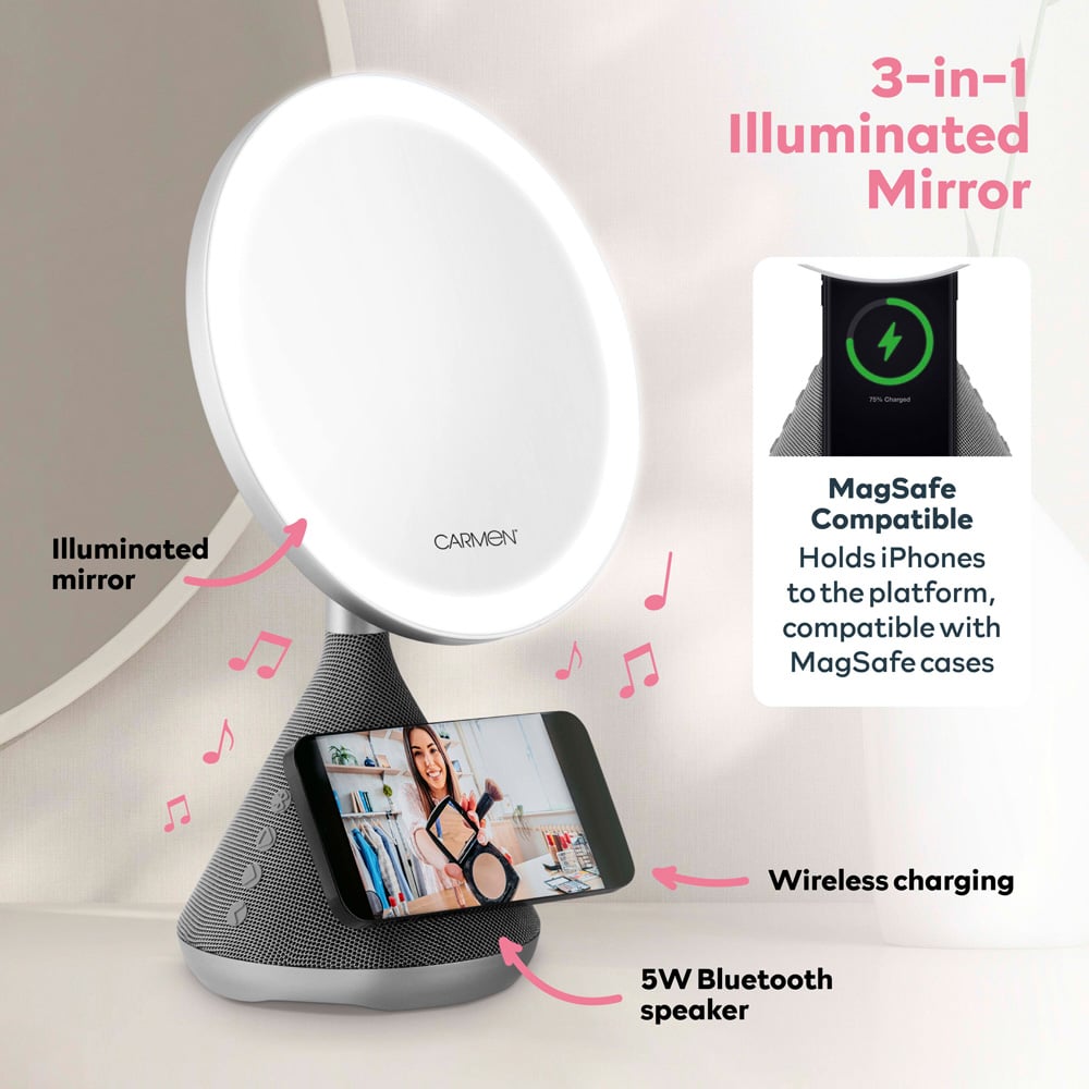 Carmen Silver 3 in 1 Illuminated Mirror with Bluetooth Speaker and Wireless Charger Image 3