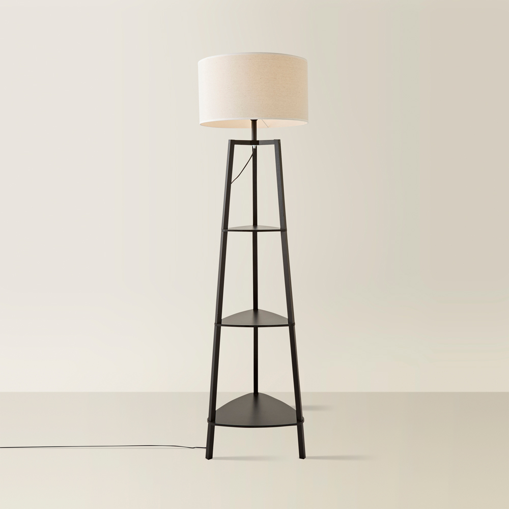 ValueLights Hiru Black 3 Shelf White Trim Linen Shade Floor Lamp with Bulb Image 5