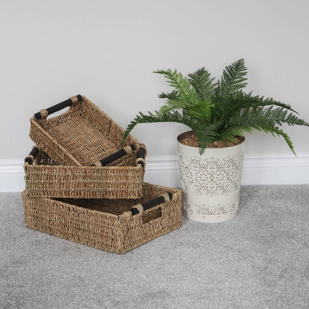 JVL Seagrass Rectangular Storage Baskets with Wooden Handles 3 Pack Image 2