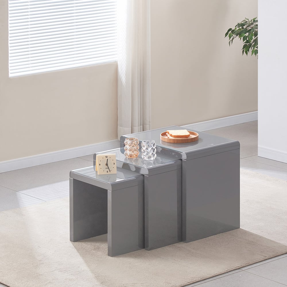Comfy Living Grey High Gloss Glass Nest of Tables Set of 3 Image 4