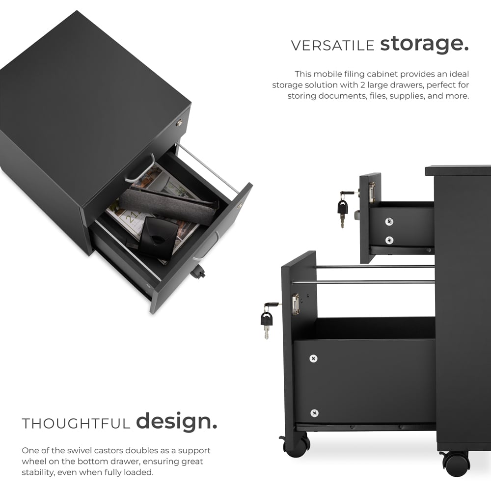 tectake 2 Drawer Black Filing Cabinet with Wheels Image 3