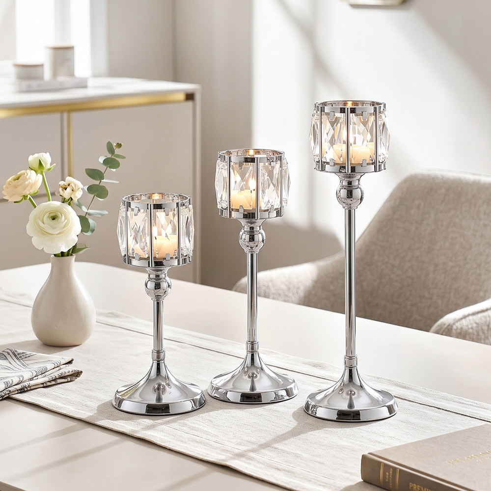 Living and Home Silver Crystal Panel Tiered Candle Holder Set of 3 Image 8
