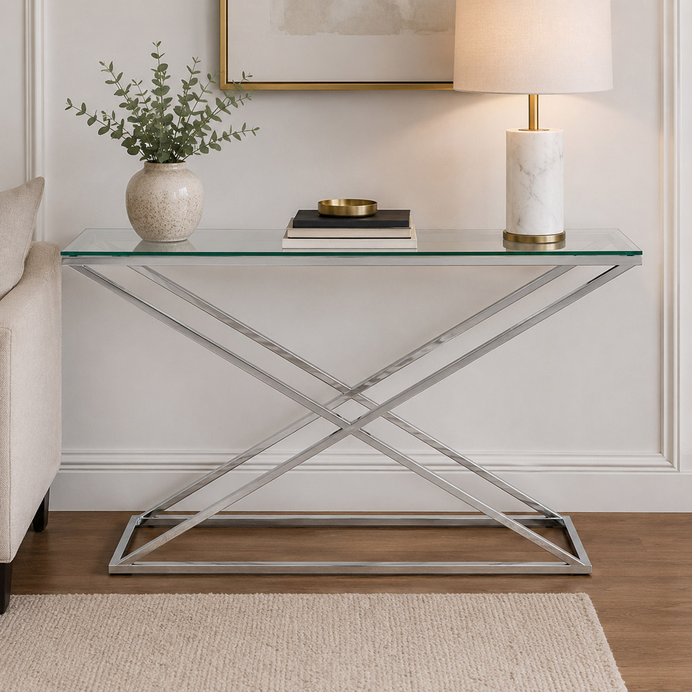 Premier Housewares Montril Glass Top Console Table with Stainless Steel Criss Cross Base Image 3