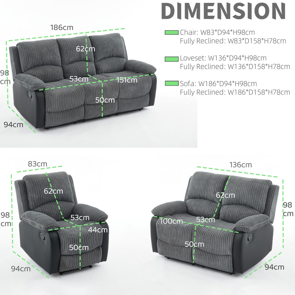 Langham 7 Seater Grey Manual Recliner Sofa Set Image 7